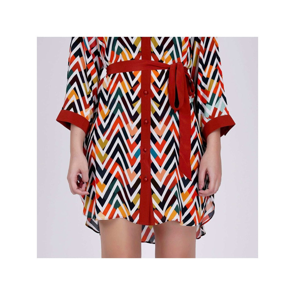 First Resort by Ramola Bachchan Red And White Chevron Shirt Dress (Set of 2)