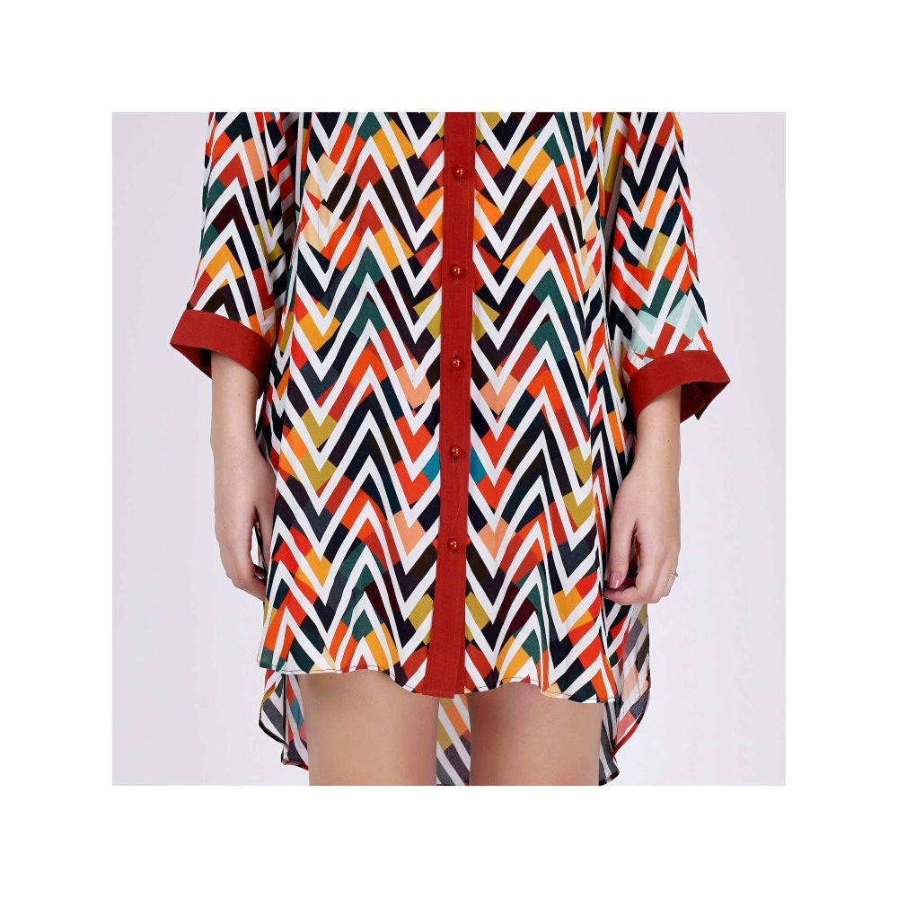 First Resort by Ramola Bachchan Red And White Chevron Shirt Dress (Set of 2)