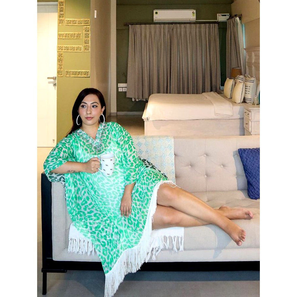 First Resort by Ramola Bachchan Green Embellished Animal Print Kaftan Dress