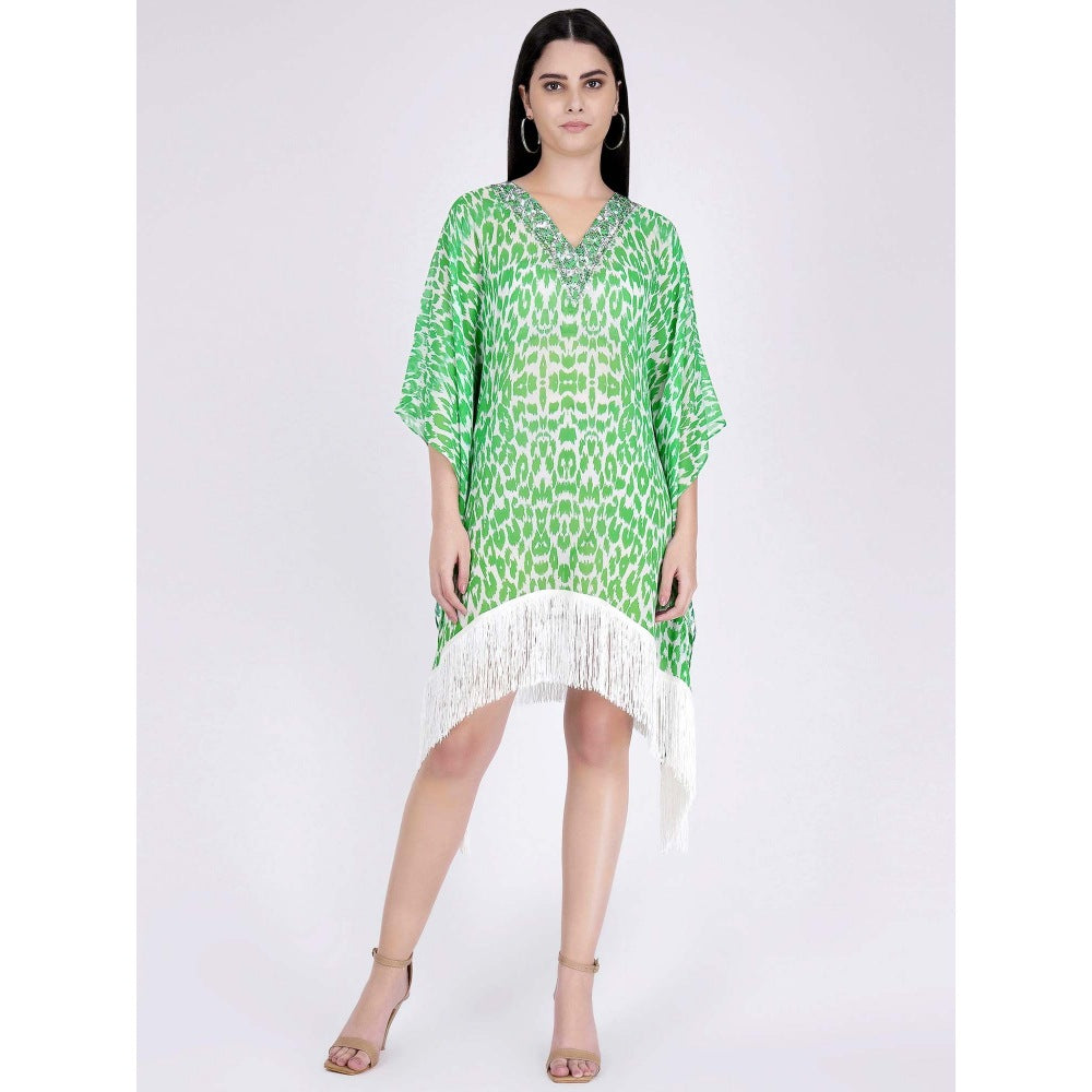 First Resort by Ramola Bachchan Green Embellished Animal Print Kaftan Dress