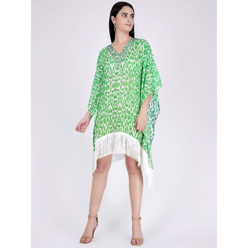 First Resort by Ramola Bachchan Green Embellished Animal Print Kaftan Dress