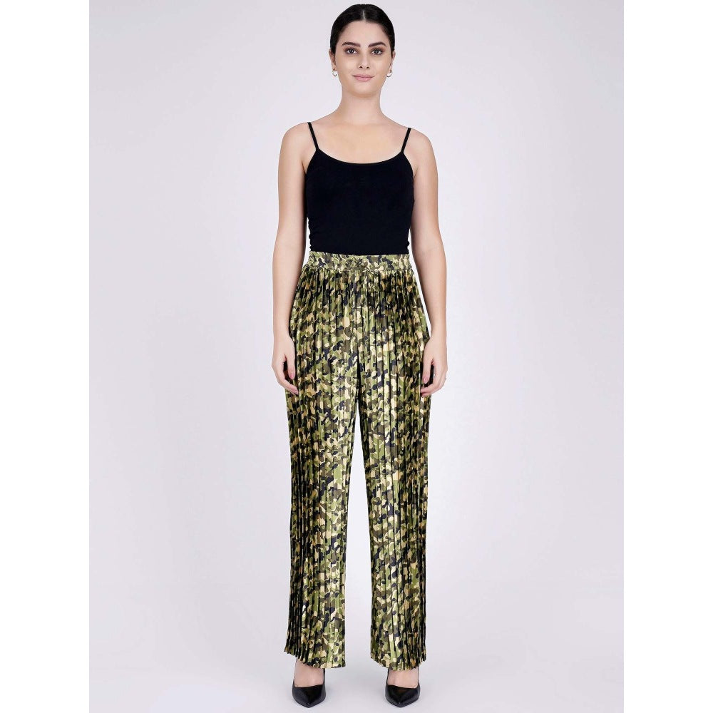 First Resort by Ramola Bachchan Forest Green Camouflage Print Pleated Palazzo