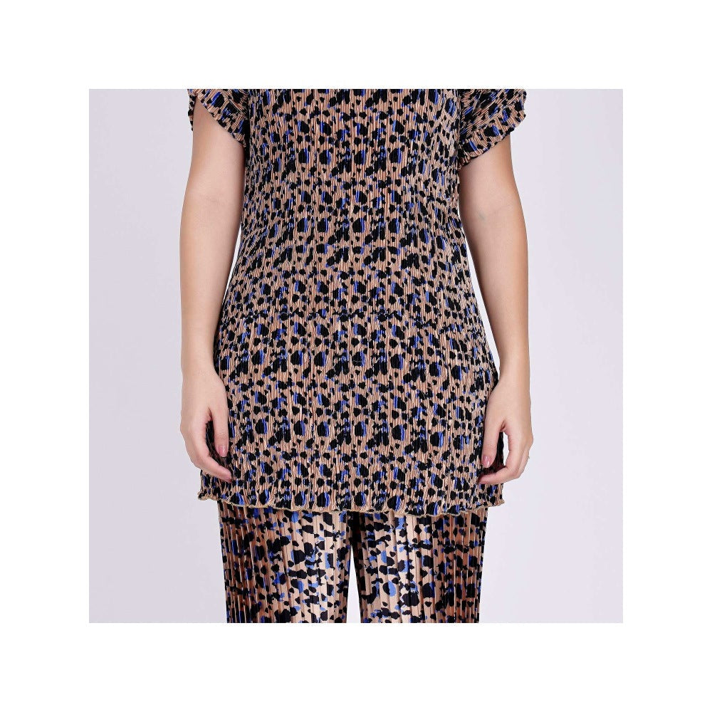 First Resort by Ramola Bachchan Beige Animal Print Top And Pleated Palazzo Set (Set of 2)