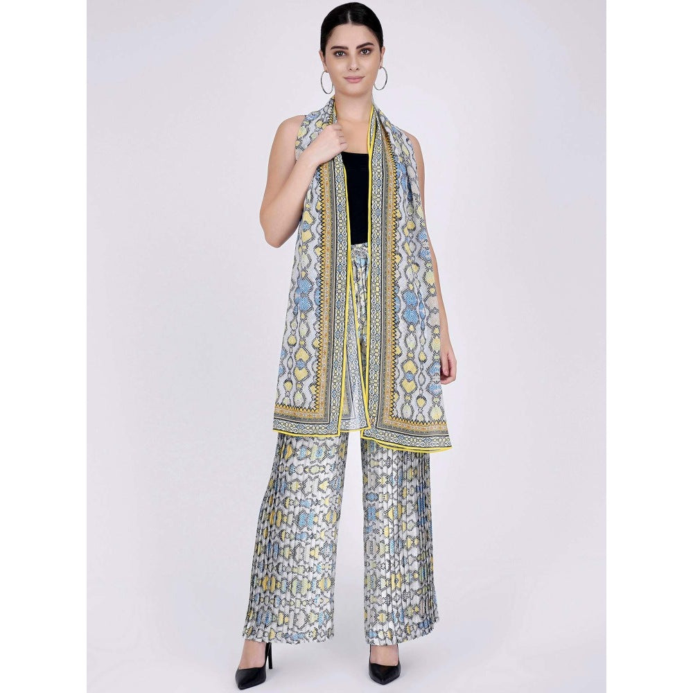 First Resort by Ramola Bachchan Yellow Geometric Pleated Palazzo And Stole Set (Set of 2)
