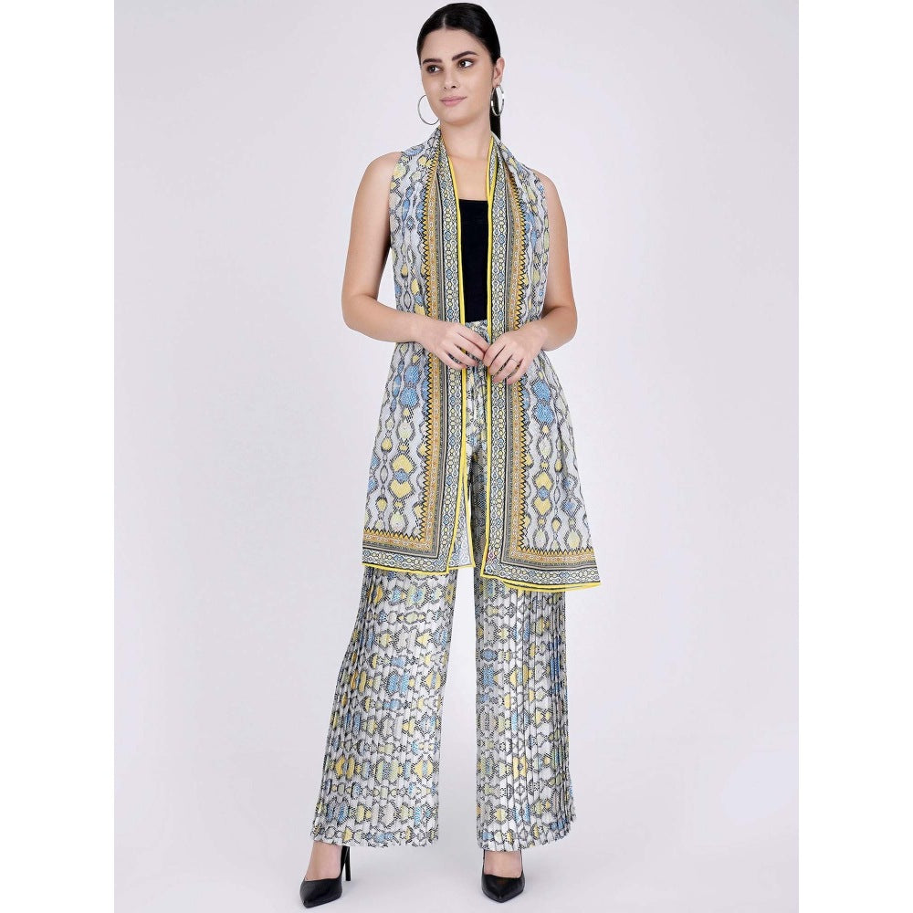 First Resort by Ramola Bachchan Yellow Geometric Pleated Palazzo And Stole Set (Set of 2)