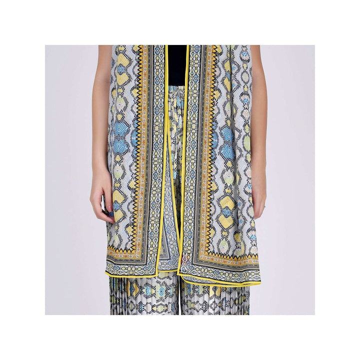 First Resort by Ramola Bachchan Yellow Geometric Pleated Palazzo And Stole Set (Set of 2)