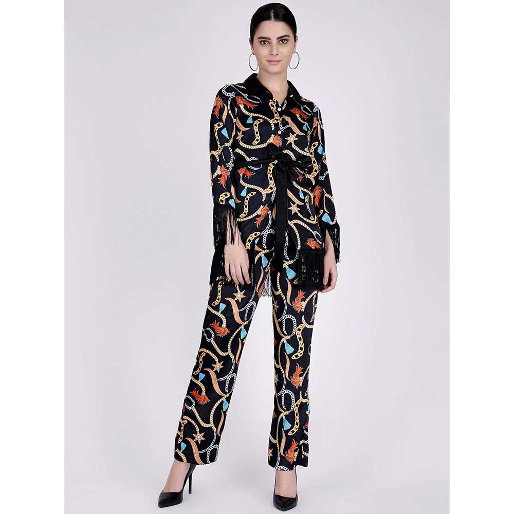 First Resort by Ramola Bachchan Black Chain Print Shirt And Palazzo Pants Set (Set of 3)