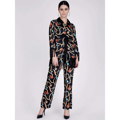 First Resort by Ramola Bachchan Black Chain Print Shirt And Palazzo Pants Set (Set of 3)