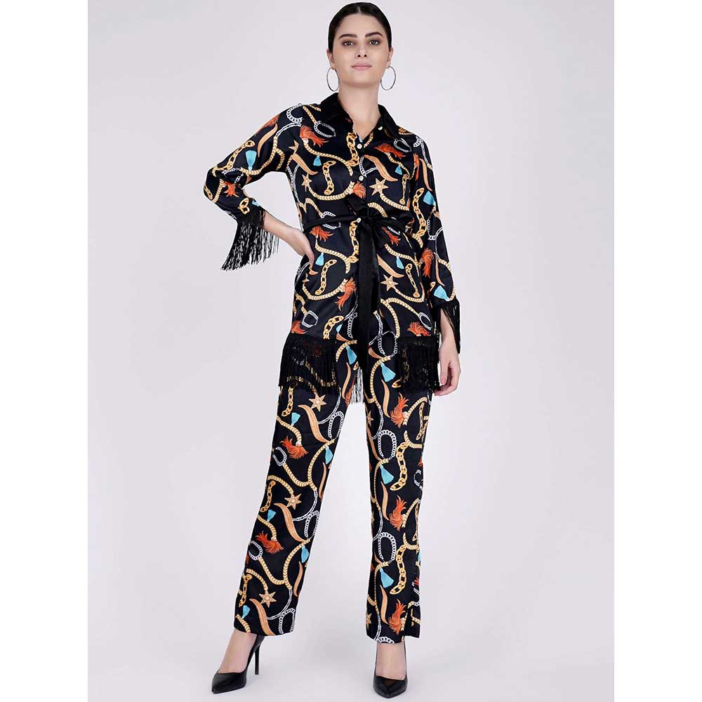 First Resort by Ramola Bachchan Black Chain Print Shirt And Palazzo Pants Set (Set of 3)