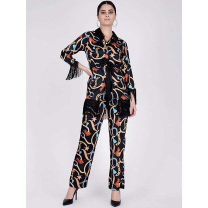 First Resort by Ramola Bachchan Black Chain Print Shirt And Palazzo Pants Set (Set of 3)