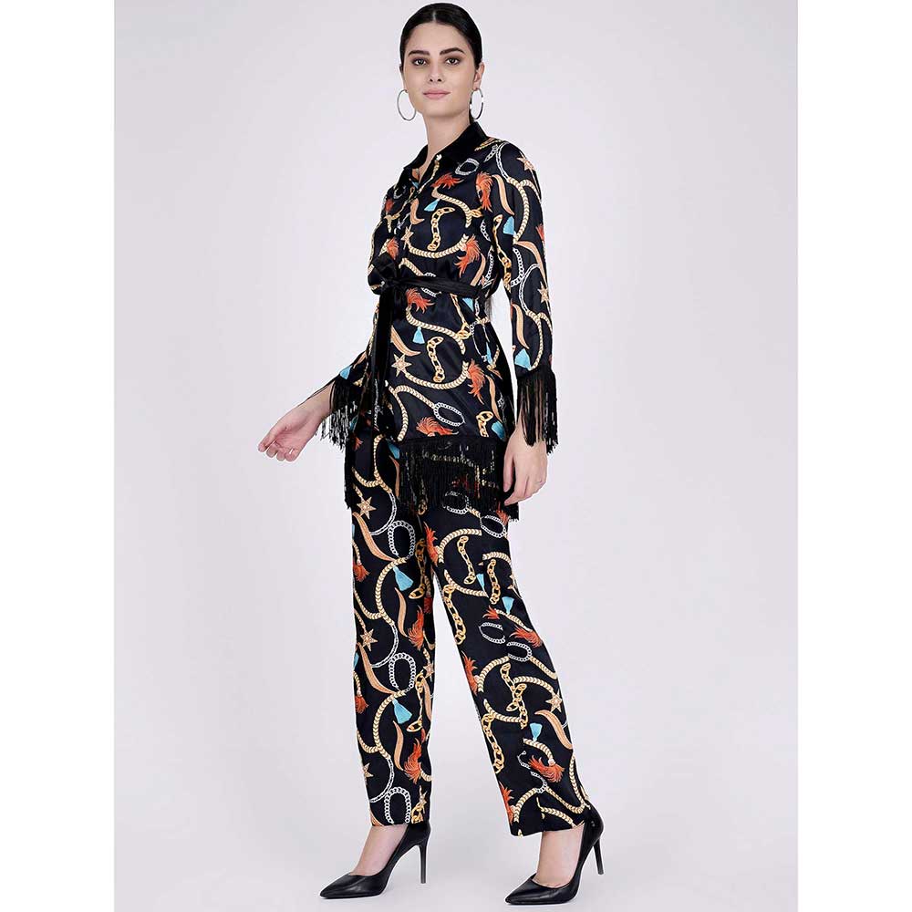 First Resort by Ramola Bachchan Black Chain Print Shirt And Palazzo Pants Set (Set of 3)