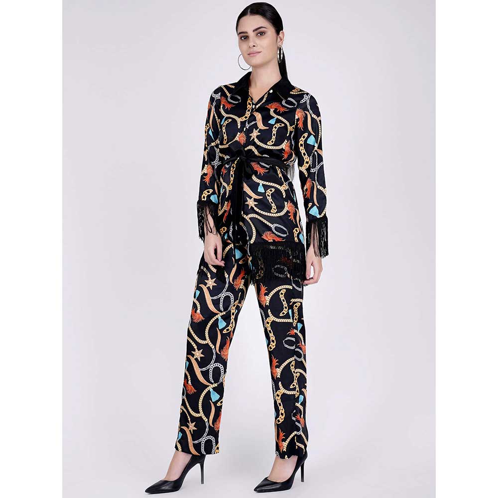 First Resort by Ramola Bachchan Black Chain Print Shirt And Palazzo Pants Set (Set of 3)