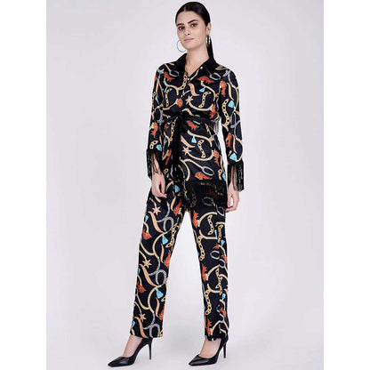 First Resort by Ramola Bachchan Black Chain Print Shirt And Palazzo Pants Set (Set of 3)