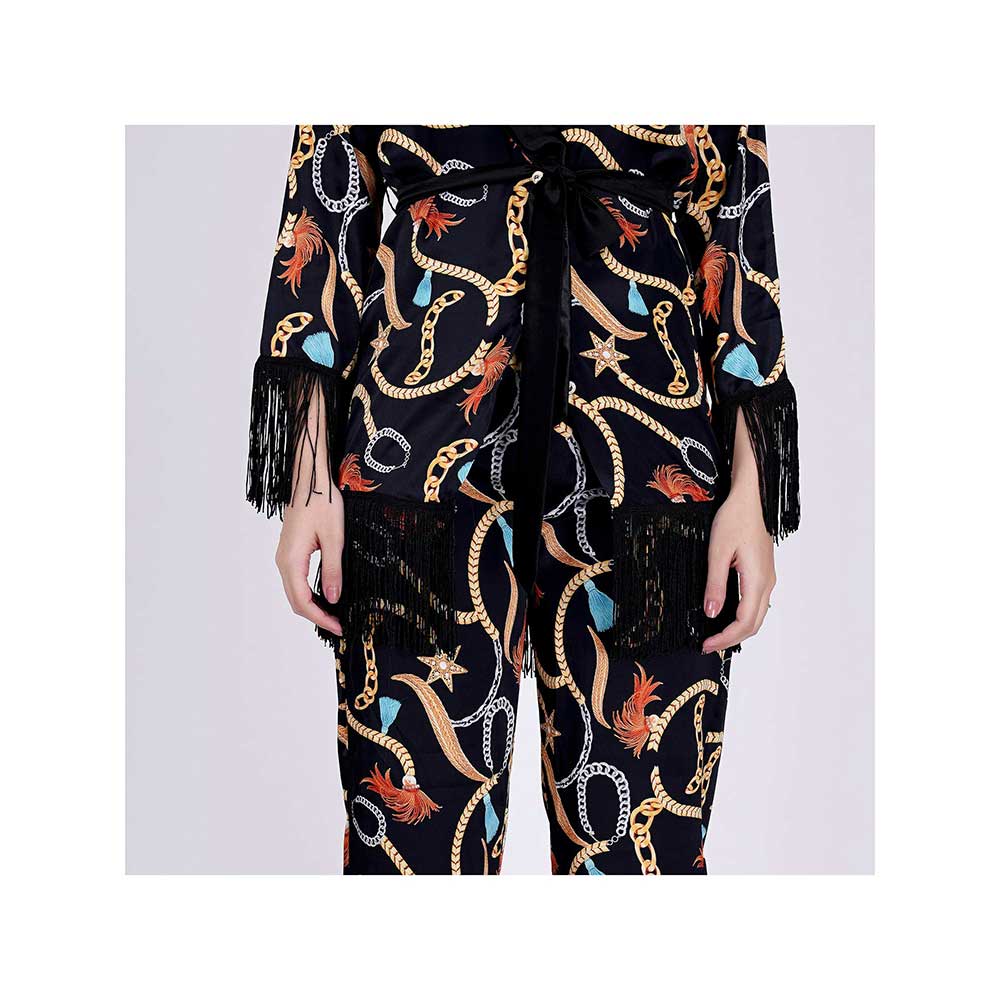 First Resort by Ramola Bachchan Black Chain Print Shirt And Palazzo Pants Set (Set of 3)