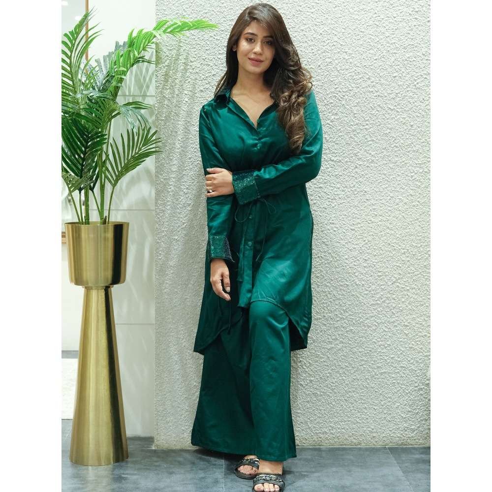 First Resort by Ramola Bachchan Bottle Green Sequinned Shirt Dress And Leg Pants (Set of 2)