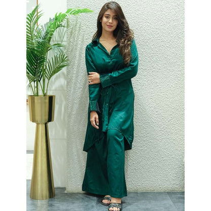 First Resort by Ramola Bachchan Bottle Green Sequinned Shirt Dress And Leg Pants (Set of 2)