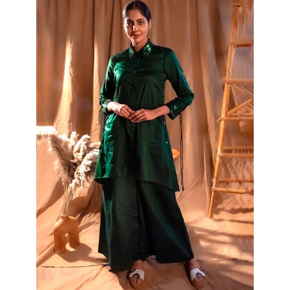First Resort by Ramola Bachchan Bottle Green Sequinned Shirt Dress And Leg Pants (Set of 2)