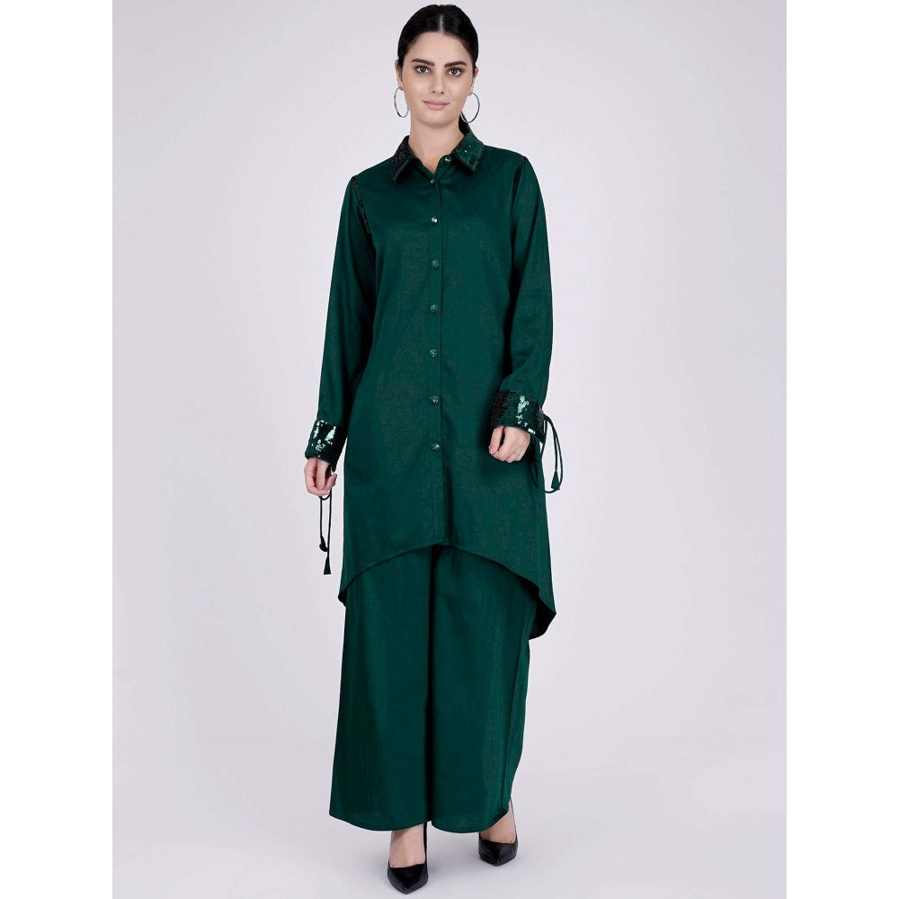 First Resort by Ramola Bachchan Bottle Green Sequinned Shirt Dress And Leg Pants (Set of 2)