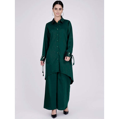 First Resort by Ramola Bachchan Bottle Green Sequinned Shirt Dress And Leg Pants (Set of 2)