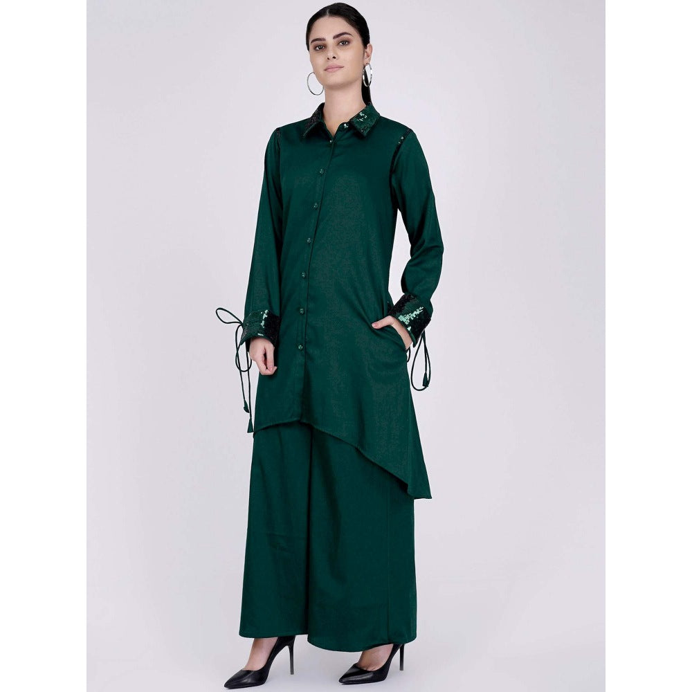 First Resort by Ramola Bachchan Bottle Green Sequinned Shirt Dress And Leg Pants (Set of 2)