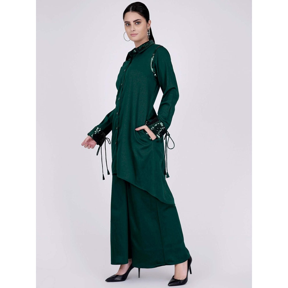 First Resort by Ramola Bachchan Bottle Green Sequinned Shirt Dress And Leg Pants (Set of 2)