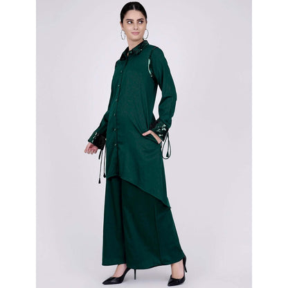 First Resort by Ramola Bachchan Bottle Green Sequinned Shirt Dress And Leg Pants (Set of 2)