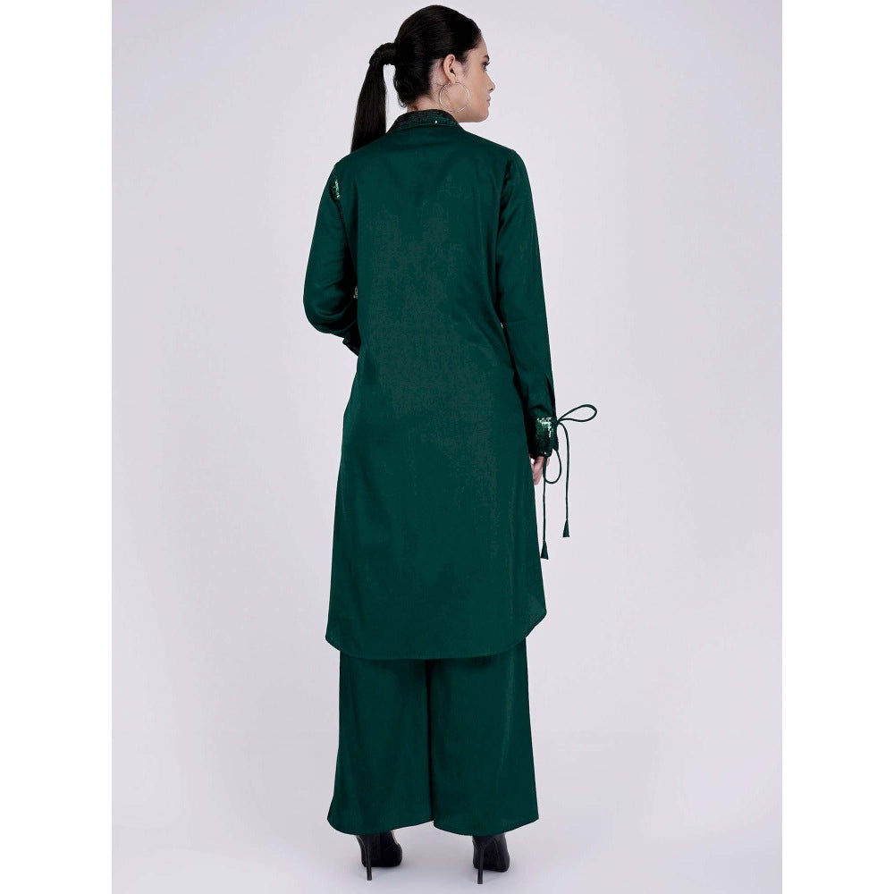 First Resort by Ramola Bachchan Bottle Green Sequinned Shirt Dress And Leg Pants (Set of 2)