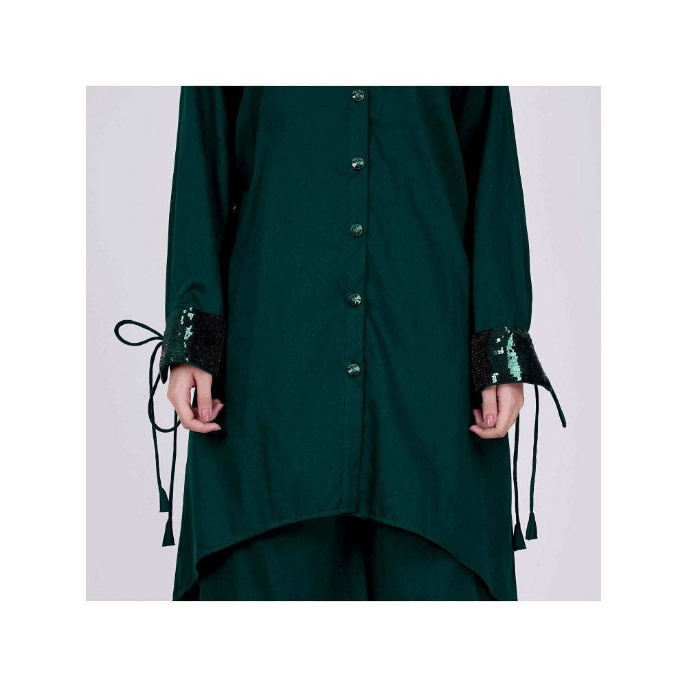 First Resort by Ramola Bachchan Bottle Green Sequinned Shirt Dress And Leg Pants (Set of 2)