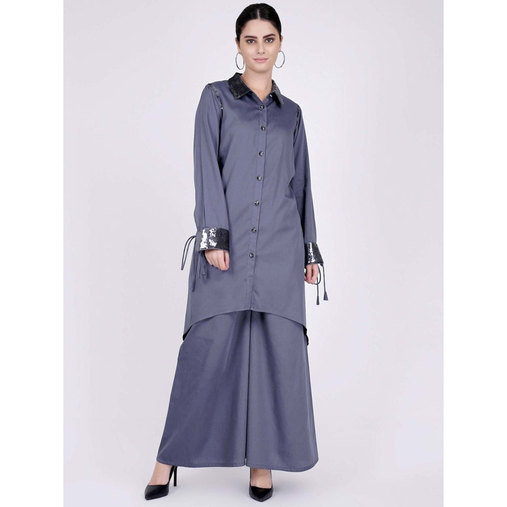 First Resort by Ramola Bachchan Grey Sequined Shirt Dress And Wide Leg Pants (Set of 2)