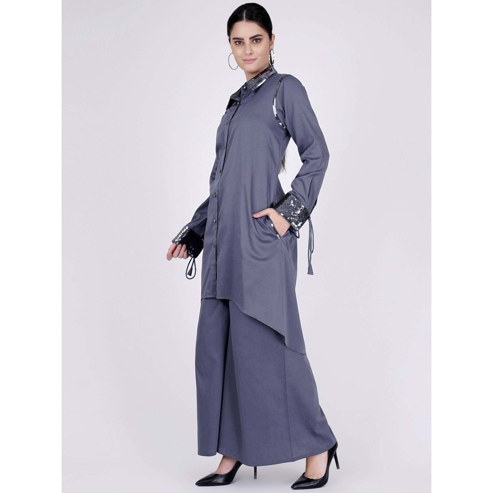 First Resort by Ramola Bachchan Grey Sequined Shirt Dress And Wide Leg Pants (Set of 2)