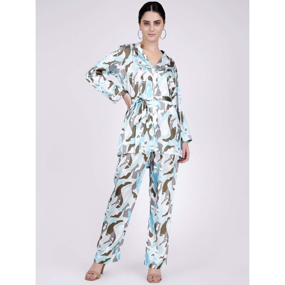 First Resort by Ramola Bachchan Aqua Abstract Camouflage Shirt And Pants Set (Set of 3)
