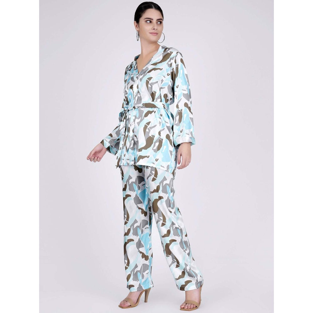 First Resort by Ramola Bachchan Aqua Abstract Camouflage Shirt And Pants Set (Set of 3)