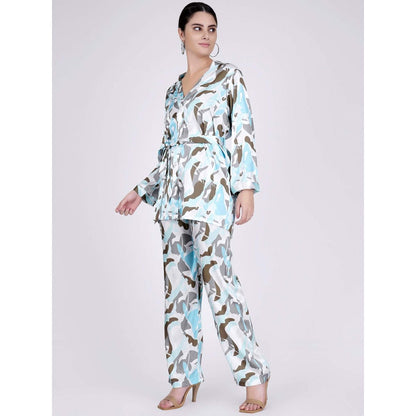 First Resort by Ramola Bachchan Aqua Abstract Camouflage Shirt And Pants Set (Set of 3)
