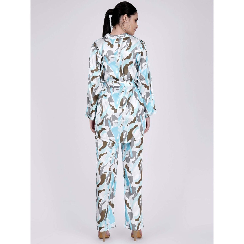 First Resort by Ramola Bachchan Aqua Abstract Camouflage Shirt And Pants Set (Set of 3)