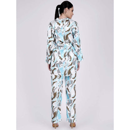 First Resort by Ramola Bachchan Aqua Abstract Camouflage Shirt And Pants Set (Set of 3)
