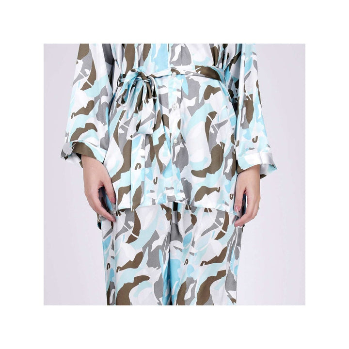 First Resort by Ramola Bachchan Aqua Abstract Camouflage Shirt And Pants Set (Set of 3)