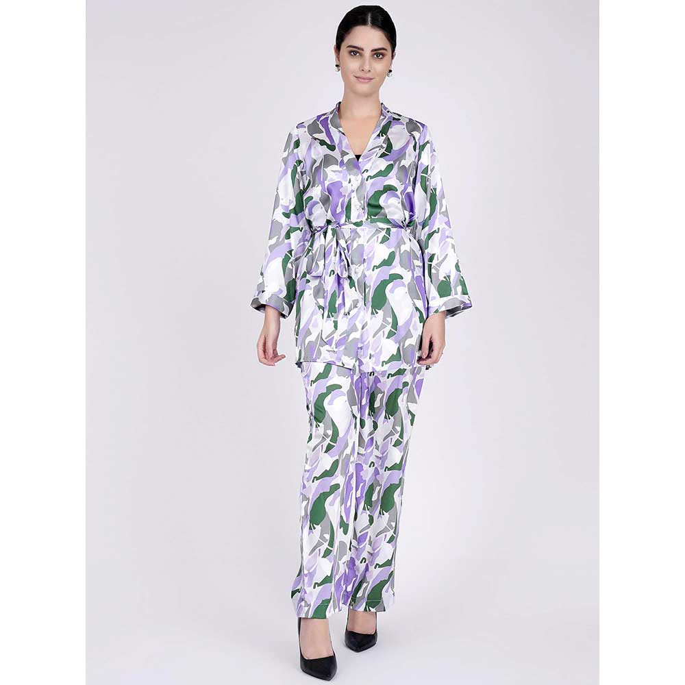 First Resort by Ramola Bachchan Purple Abstract Camouflage Shirt And Pants Set (Set of 3)