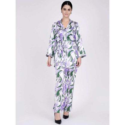 First Resort by Ramola Bachchan Purple Abstract Camouflage Shirt And Pants Set (Set of 3)