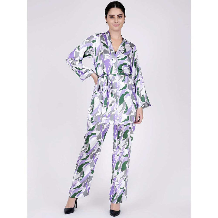 First Resort by Ramola Bachchan Purple Abstract Camouflage Shirt And Pants Set (Set of 3)