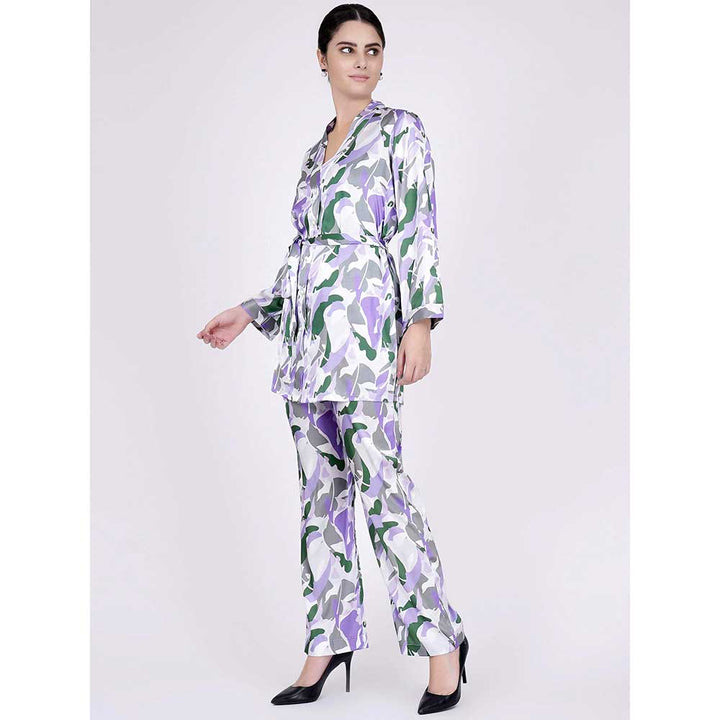 First Resort by Ramola Bachchan Purple Abstract Camouflage Shirt And Pants Set (Set of 3)