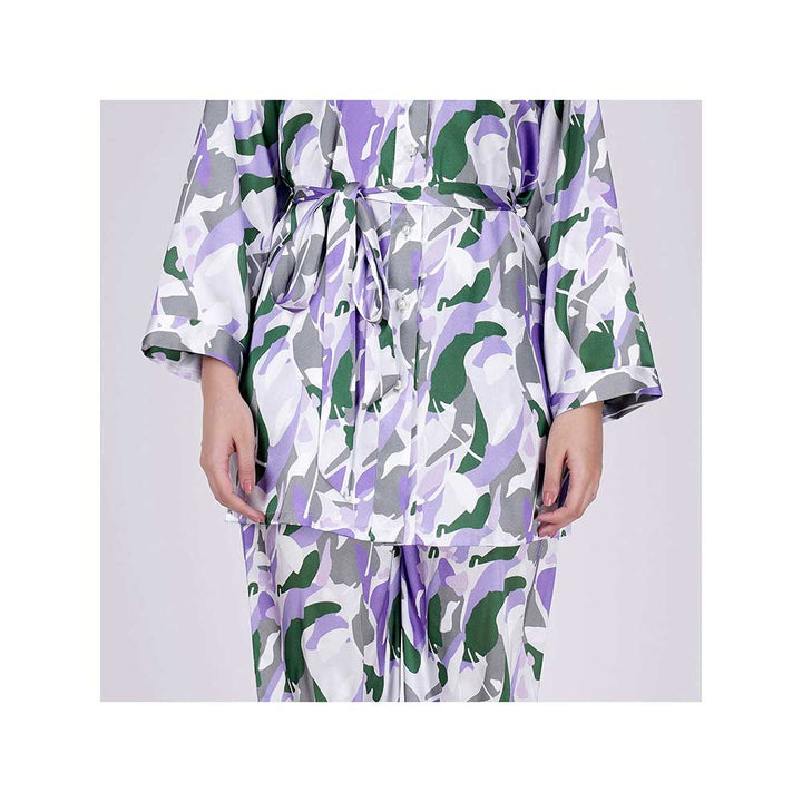 First Resort by Ramola Bachchan Purple Abstract Camouflage Shirt And Pants Set (Set of 3)