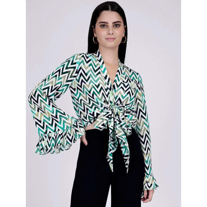 First Resort by Ramola Bachchan Green And White Chevron Knot Top