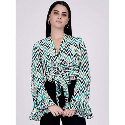 First Resort by Ramola Bachchan Green And White Chevron Knot Top