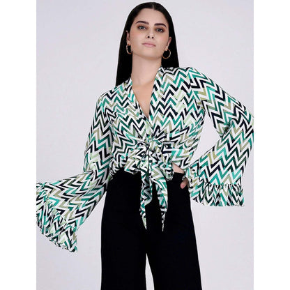 First Resort by Ramola Bachchan Green And White Chevron Knot Top