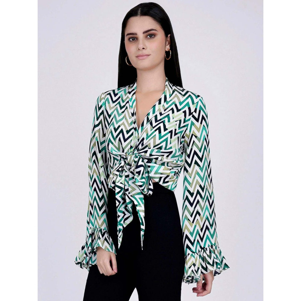 First Resort by Ramola Bachchan Green And White Chevron Knot Top