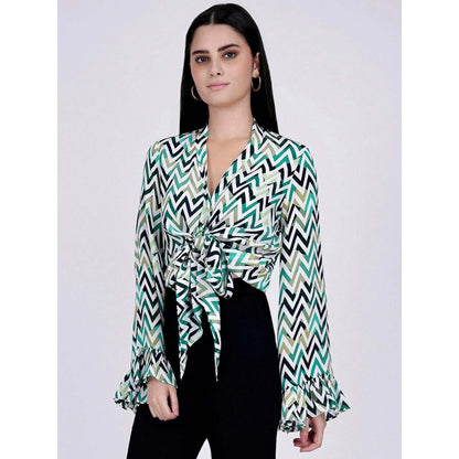First Resort by Ramola Bachchan Green And White Chevron Knot Top