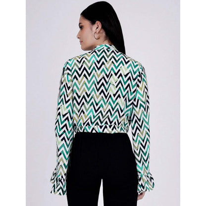 First Resort by Ramola Bachchan Green And White Chevron Knot Top