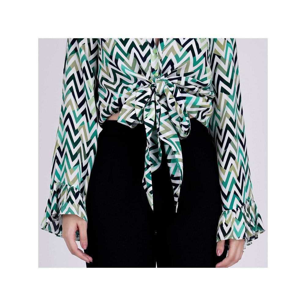 First Resort by Ramola Bachchan Green And White Chevron Knot Top