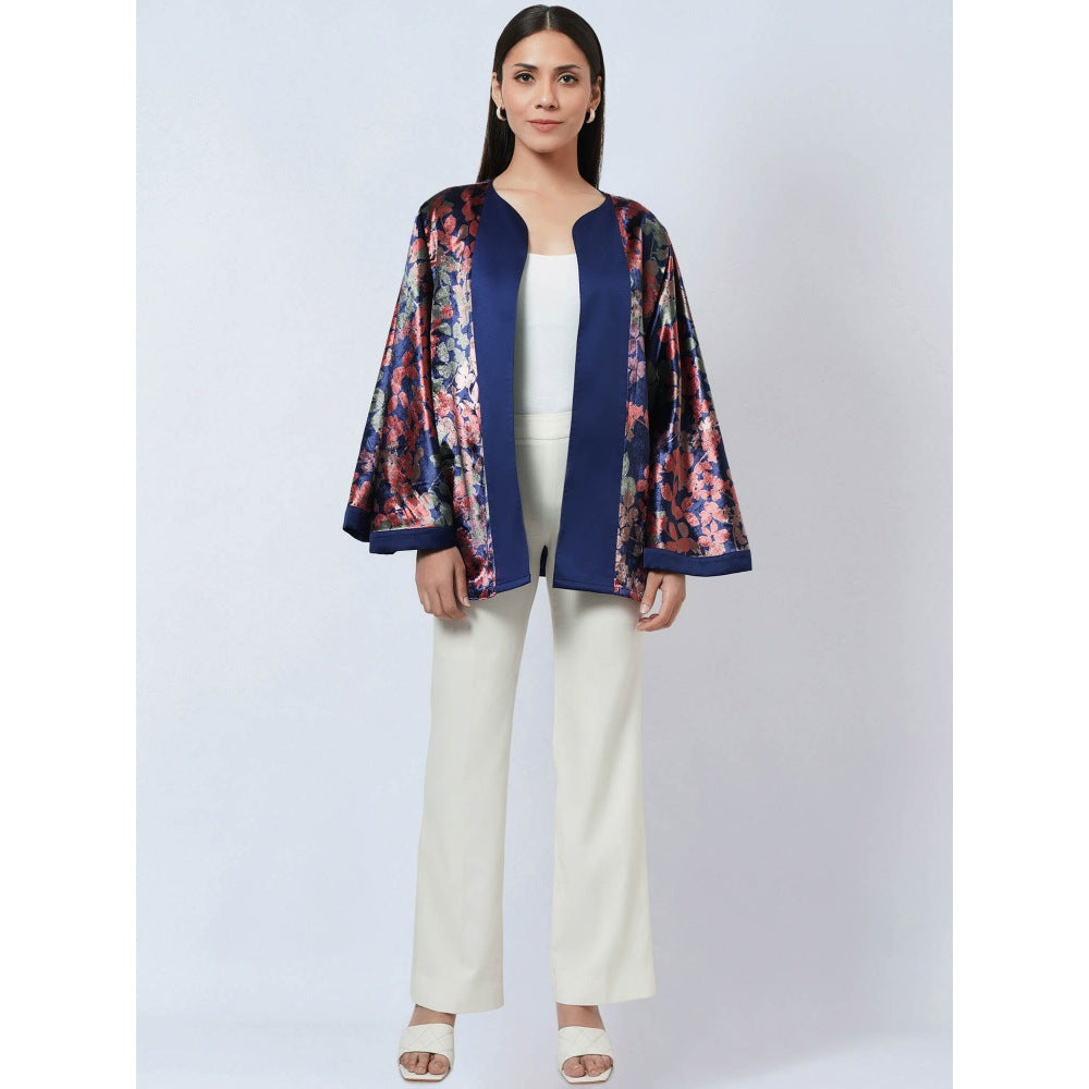 First Resort by Ramola Bachchan Blue & Rose Gold Floral Velvet Jacket