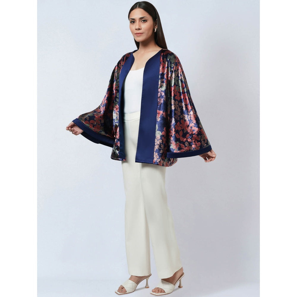 First Resort by Ramola Bachchan Blue & Rose Gold Floral Velvet Jacket